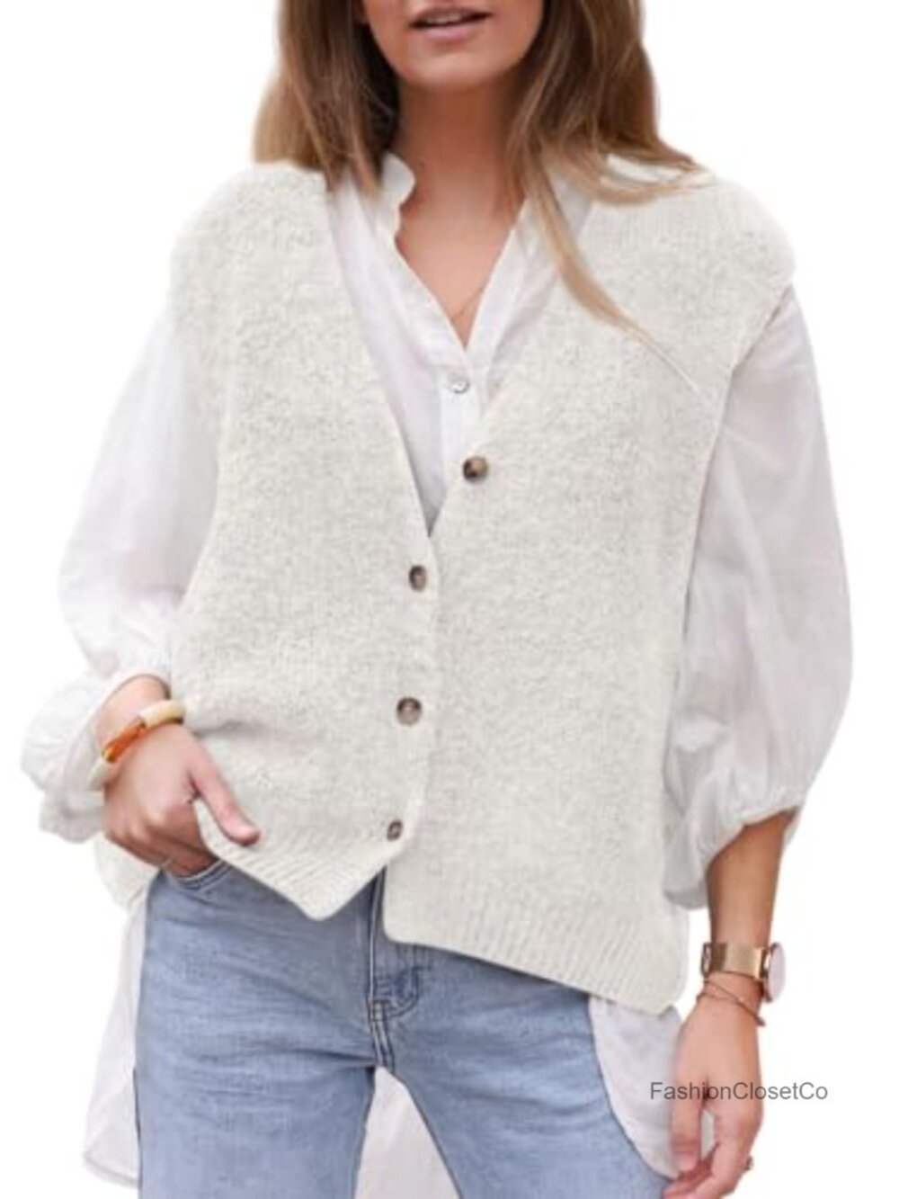 Sleeveless Button Down Knit Sweater Vest for Women